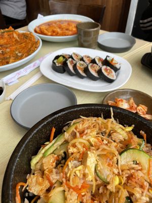 Pancake, kimbap, tteokbokki and bibimbap  at Imonay Korean Restaurant in Toronto