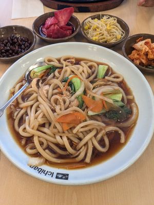 Yaki noodles and side dishes at Imonay Korean Restaurant in Toronto