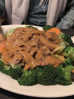 Peanut broccoli with mock duck  at Supannee House of Thai Restaurant & Catering in San Diego