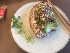 Open avocado sandwitch  at Cafe Gallery Sun 燦 in Kyoto