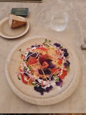 Tomato and spring veg pasta with bread  at Cafe Gallery Sun 燦 in Kyoto