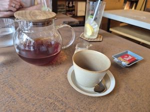 Ginger tea with oat milk (in the small jug behind the teacup) at Cafe Gallery Sun 燦 in Kyoto