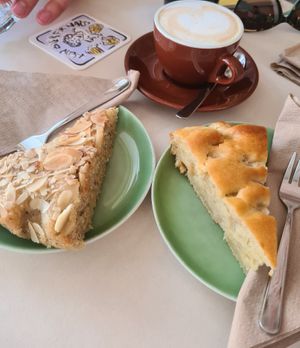 Almond cake, pear cake and Cappuccino with oat milk at Ribollita in Coburg