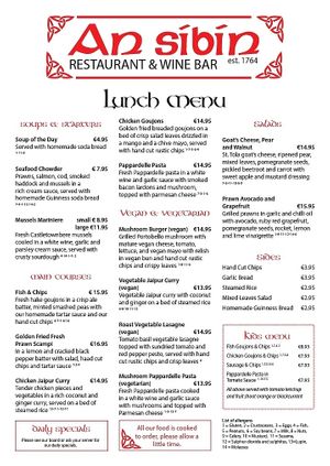 Lunch menu  at An Sibin Wine Bar Restaurant B&B in Lauragh