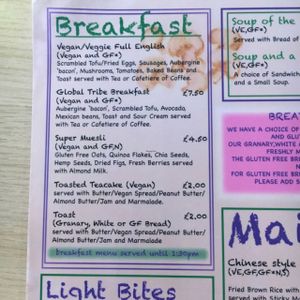 breakfast menu at Global Tribe Cafe in Leeds