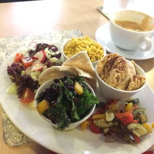 'Mezze' -
Hummus and Pita.
Roast Vegetables.
Superfood Salad
Scrambled Tofu (not on Mezze menu, requested) at Global Tribe Cafe in Leeds