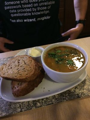 'Soup of the day' with thick, crusty bread and vegan spread. at Global Tribe Cafe in Leeds