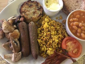 Vegan full English. Toast and Americano on the side. £8.25 at Global Tribe Cafe in Leeds