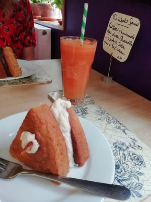 Vegan cake and juice at Global Tribe Cafe. at Global Tribe Cafe in Leeds