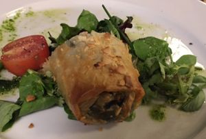 Spinach 'sausage' in filo dough with pesto at Essencia in Porto