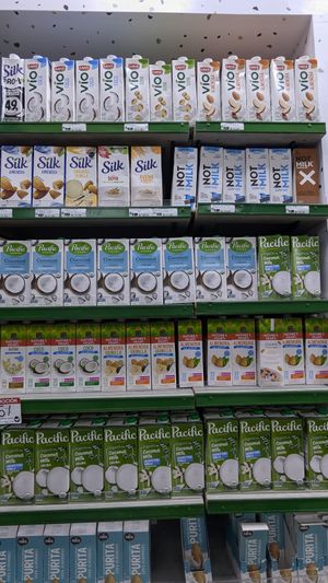 Part of the plant based milk variety at Organa Miraflores in Lima