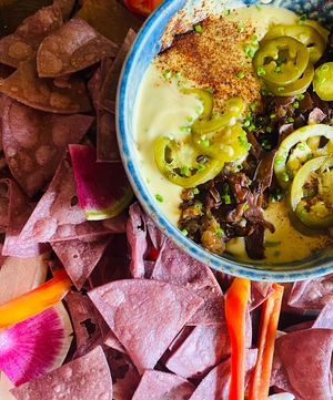 Chips and Queso (homemade chips!!!) at Vegan Chula at 51 & Tel in Oakland