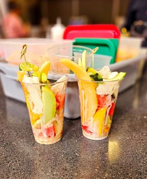 Sweet fruit cup with sweet coconut cream at Vegan Chula at 51 & Tel in Oakland