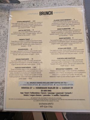 Brunch menu at Utopia Cafe & Grill in Toronto