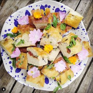 Homemade focaccia for a catering event at Rex's Bar at ECO River Camp in Radovljica