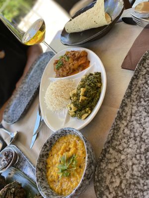 Vegan meditation thali with rice, Dahl, curry & tofu palak with popadom  at Buddha Soul in Venice