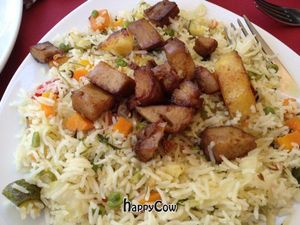 My mixture of the vegetable rice and the seitan & potatoes dishes at Buddha Soul in Venice