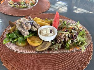 Seitan with vegies and salad  at Avatea Cafe in Aitutaki