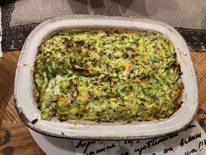 Vegan lasagna with zucchini, broccoli, coconut and cheese   at Shastlivetsa Vitoshka - Ресторант Щастливеца Витошка in Sofia