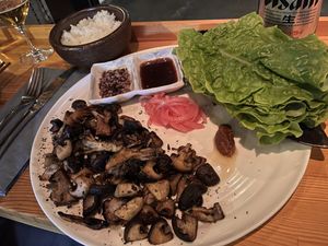 sautéed mushroom lettuce wraps with miso and rice  at Hybrid Wine Bar in Hakuba