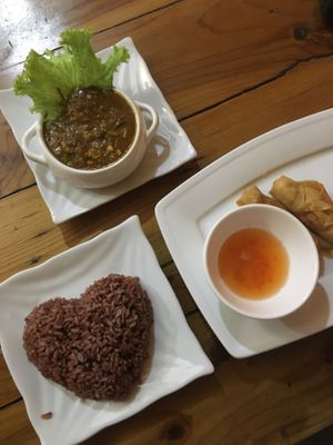 Veggie amok, rice, fried spring rolls at Cafe Soleil in Phnom Penh