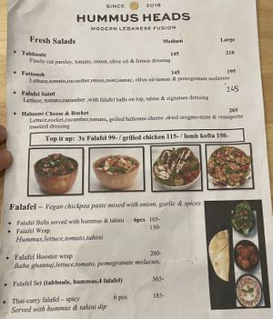 Menu 1 of 4 - Salads and falafel  at Hummus Heads - Sathorn in Bangkok