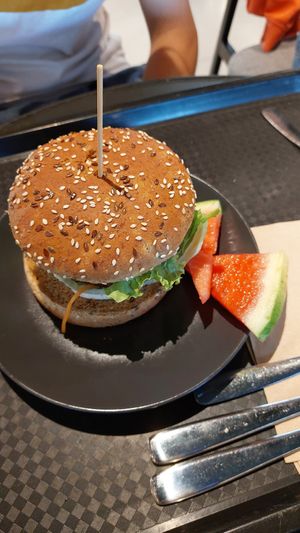 Meat future burger at Veg Stop in Riga