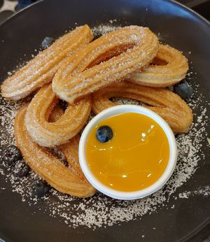 Churros with mango dipping sauce at Veg Stop in Riga