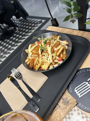 The “chicken” and fries bowl  at Veg Stop in Riga