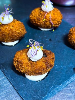 Arancini Mushrooms - gluten free saffron  rice with mushrooms and vegan mozzarella filling at Manipura in Tenerife