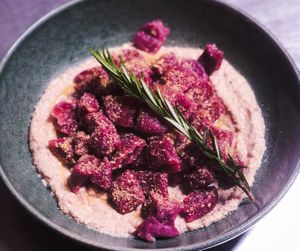 Beetroot gnocchi with nutty cream at Manipura in Tenerife