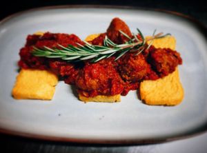No-meat balks served with polenta at Manipura in Tenerife
