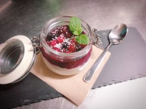 Pannacotta with berry coulis at Manipura in Tenerife