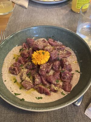 Purple gnocchi with a cashew sauce   at Manipura in Tenerife