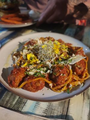 Spaghetti and meatballs at Manipura in Tenerife