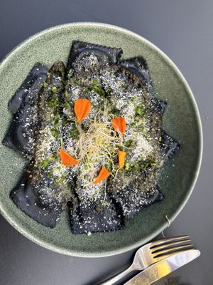 Black ravioli with pesto   at Manipura in Tenerife