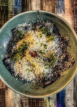 BLACK RAVIOLI WITH PUMPKIN  at Manipura in Tenerife