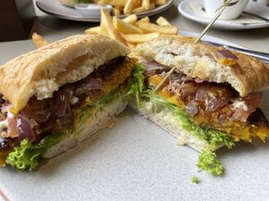 Vegan Sandwich (pumpkin patty w vegs and fries)  at Columbus Coffee in Greymouth