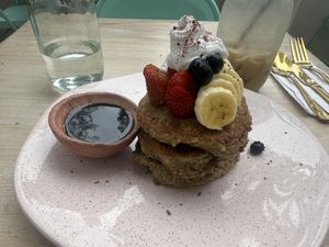 Pancakes (volcano fluffy; ask for vegan)  at Azai Praia Lovers in Medellin