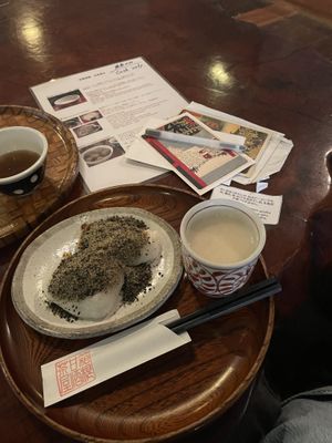 Tea, sesame mochi, and amazake  at Amazake Chaya  in Hakone