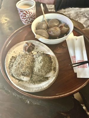 Miso-oden and chikara mochi (kurogama )  at Amazake Chaya  in Hakone