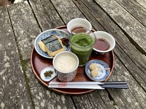 Amazake, matcha and isobe mochi   at Amazake Chaya  in Hakone