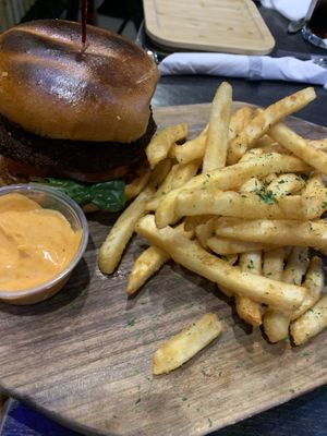 Their vegan burger.  We got the regular vegan bun…can come with a plantain bun as well. Spicy vegan mayo was yummy!!  at Boukan in Toronto