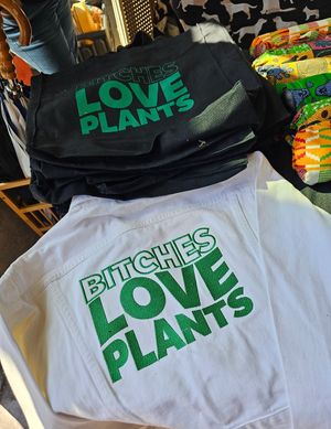 Jean jacket and tote bag at Hella Plants Market in Oakland