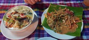 Thai red curry and banana flower salad-so yum! at On's Thai Isaan in Kanchanaburi