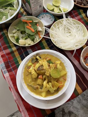 Cooking class ingredients and prepared dish   at On's Thai Isaan in Kanchanaburi