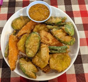 Vegetable Tempura with Peanut Sauce (80 Baht) at On's Thai Isaan in Kanchanaburi
