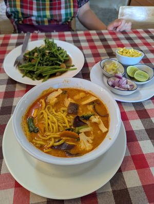 Khao Soi and morning glory at On's Thai Isaan in Kanchanaburi