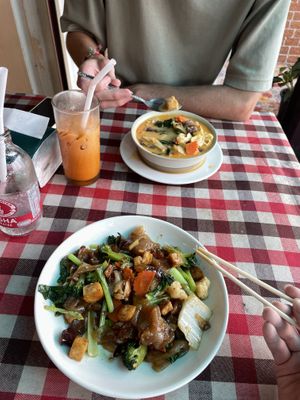 Red curry and pad see ew   at On's Thai Isaan in Kanchanaburi