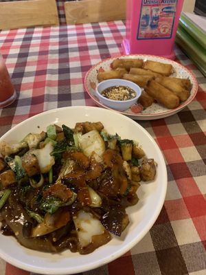 Pad see ew and spring rolls  at On's Thai Isaan in Kanchanaburi